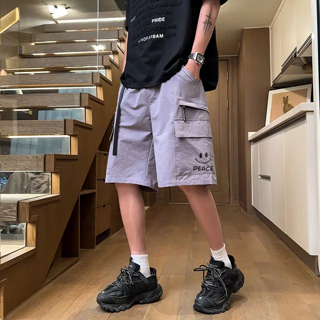 兰缪 美式复古日系高街风简约日常基础款设计印花通勤户外运动山系宽松清爽透气潮流柔软百搭直筒裤长裤垂感系带休闲短裤 男女同款