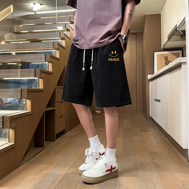 兰缪 美式复古日系简约高街风基础款设计印花日常通勤户外运动山系宽松清爽透气潮流柔软百搭直筒垂感系带休闲短裤 男女同款