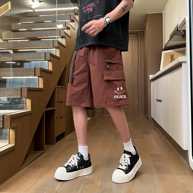 兰缪 美式复古日系高街风简约日常基础款设计印花通勤户外运动山系宽松清爽透气潮流柔软百搭直筒裤长裤垂感系带休闲短裤 男女同款