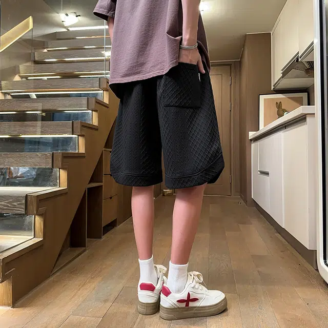 兰缪 美式复古高街简约基础款设计印花日常通勤户外宽松运动透气潮流柔软百搭直筒垂感系带五分休闲短裤 男女同款