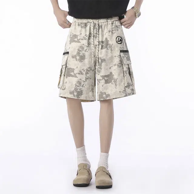 兰缪 美式日系复古户外百搭运动高街风简约基础款设计印花日常通勤山系宽松清爽透气潮流柔软垂感直筒系带休闲短裤 男女同款