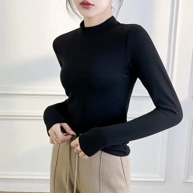 黑恐龙  羊毛蚕丝绒半高领打底衫内搭加绒加厚纯色修身百搭保暖上衣羊绒衫 女款