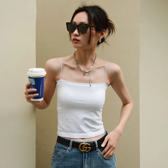 黑恐龙 经典基础款自带胸垫一字领美式百搭小吊带上衣背心 女款 白色