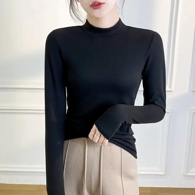 黑恐龙  羊毛蚕丝绒半高领打底衫内搭加绒加厚纯色修身百搭保暖上衣羊绒衫 女款