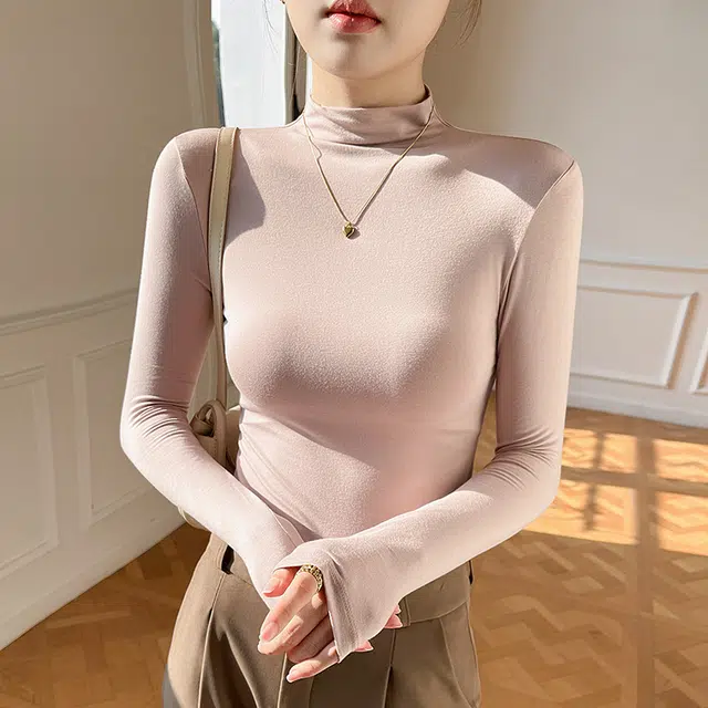 黑恐龙 纯色半高领打底衫气质薄款长袖针织衫 女款 皮粉色