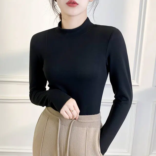 黑恐龙  羊毛蚕丝绒半高领打底衫内搭加绒加厚纯色修身百搭保暖上衣羊绒衫 女款
