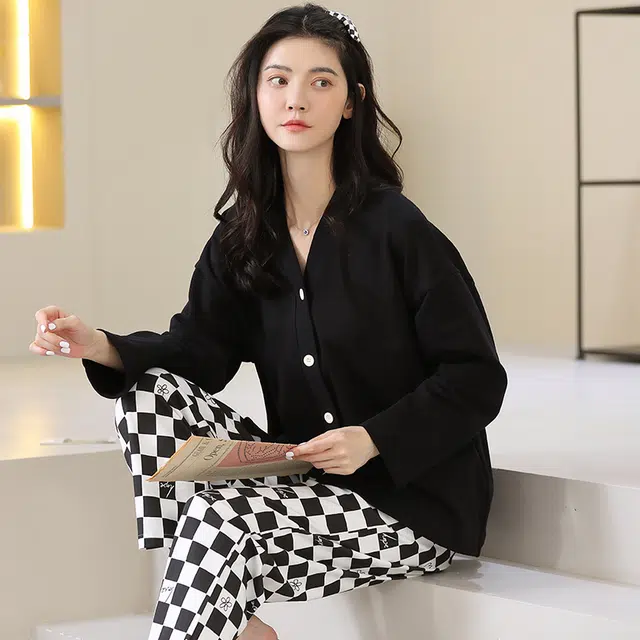 都市丽人 纯色格子简约长袖家居服亲肤舒适休闲可外穿长裤睡衣套装 女款 黑色