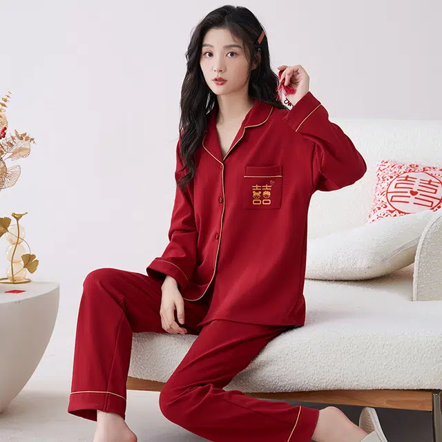 都市丽人 本命年家居服纯棉长袖开衫翻领睡衣套装 女 红色