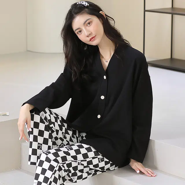 都市丽人 纯色格子简约长袖家居服亲肤舒适休闲可外穿长裤睡衣套装 女款 黑色