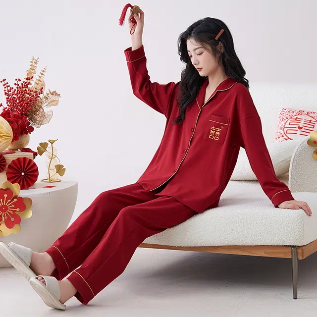 都市丽人 本命年家居服纯棉长袖开衫翻领睡衣套装 女 红色