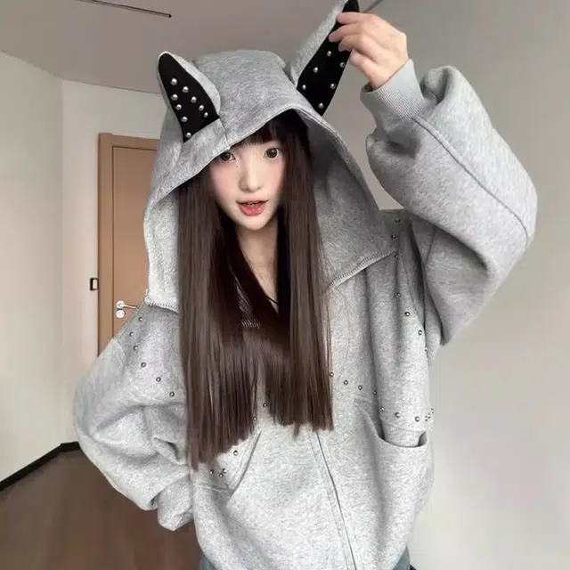 悍戈 美式甜酷复古潮流拼接铆钉杜宾犬耳朵连帽休闲开衫卫衣 男女同款