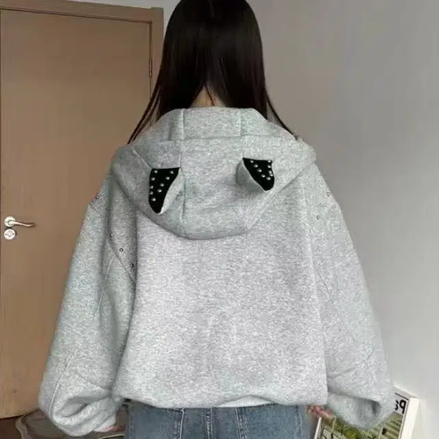 悍戈 美式甜酷复古潮流拼接铆钉杜宾犬耳朵连帽休闲开衫卫衣 男女同款
