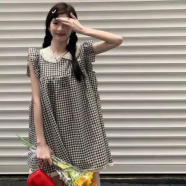 玉儿恋 飞飞袖娃娃领甜美宽松短款短袖连衣裙 女款 格子
