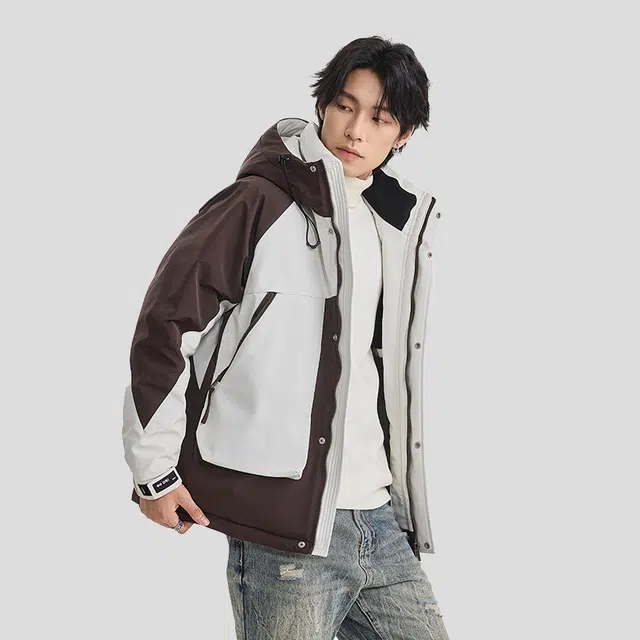 【dme】 户外山系工装拼色连帽防风防水羽绒服 男女同款