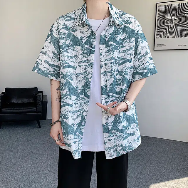 【dme】 扎染时尚痞帅潮流高街薄款宽松短袖衬衫 男女同款