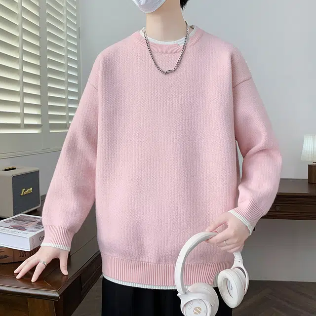 【dme】 潮牌宽松休闲纯色针织打底衫假两件圆领毛衣 男款