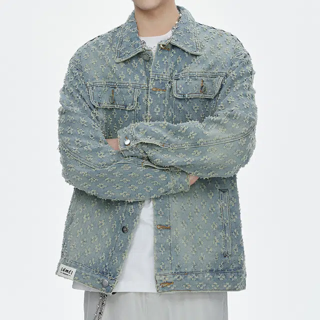 【dme】 时尚潮流立体印花设计感宽松百搭水洗做旧百搭长袖牛仔外套 男女同款