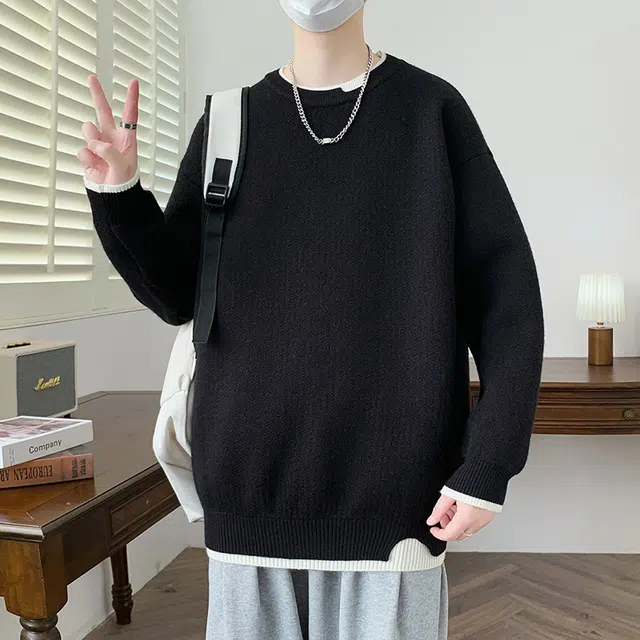 【dme】 潮牌宽松休闲纯色针织打底衫假两件圆领毛衣 男款