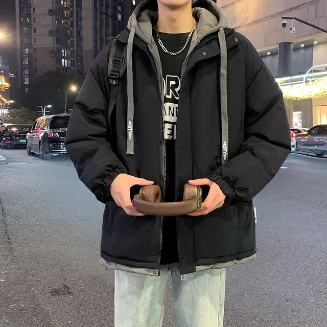 【dme】 港风假两件拼接加绒加厚宽松百搭连帽棉服 男女同款