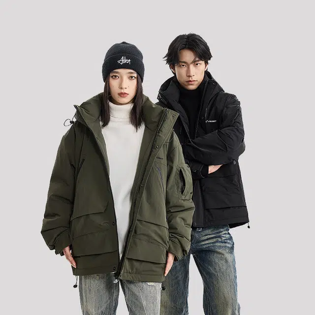 【dme】 美式工装机能字母刺绣防风山系连帽羽绒服 男女同款