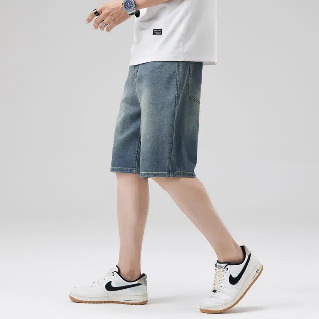 寻星记 男士夏季美式简约纯色百搭宽松五分水洗休闲裤牛仔短裤 男女同款