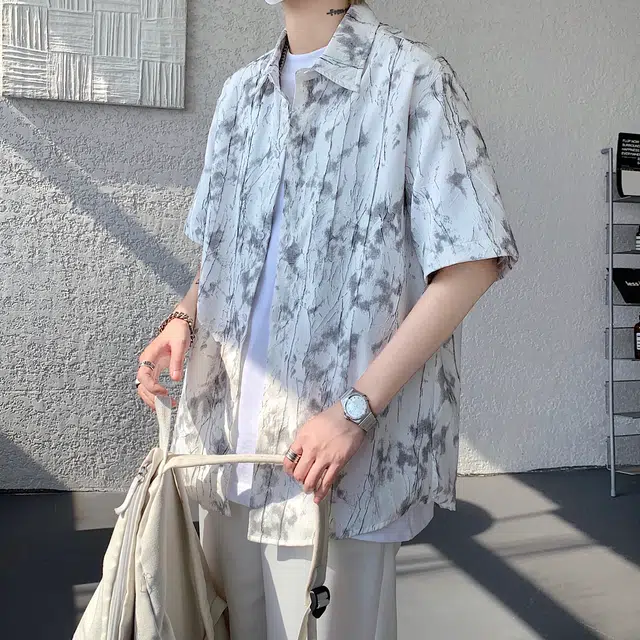 【dme】 扎染时尚痞帅潮流高街薄款宽松短袖衬衫 男女同款