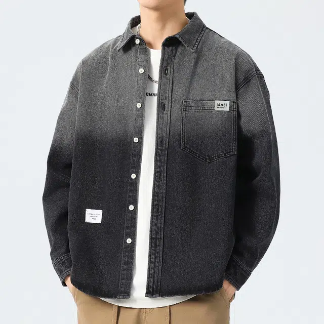 【dme】 时尚潮牌宽松小众设计感衬衣外套舒适百搭重工艺水洗渐变牛仔衬衫 男女同款 黑色