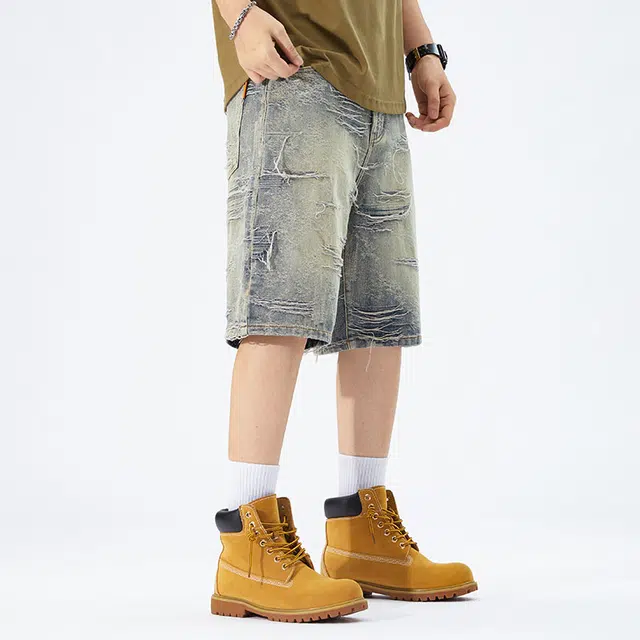 【dme】 美式复古百搭潮流高街水洗做旧宽松休闲运动纯棉五分牛仔短裤 男女同款