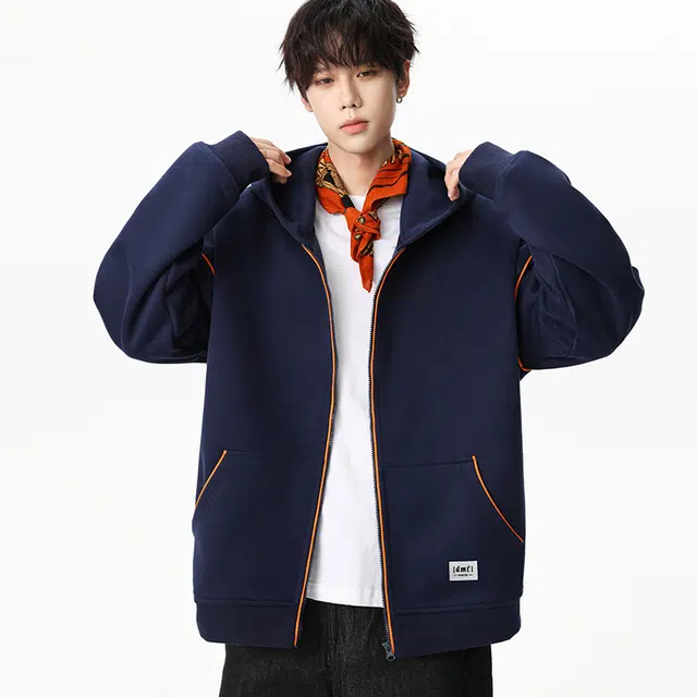 【dme】 美式复古高级感撞色拉链开衫外套青年痞帅宽松舒适休闲百搭连帽卫衣 男女同款