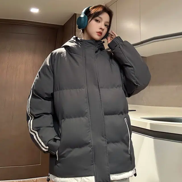 【dme】 拼接撞色假两件加厚保暖连帽羽绒服 男女同款