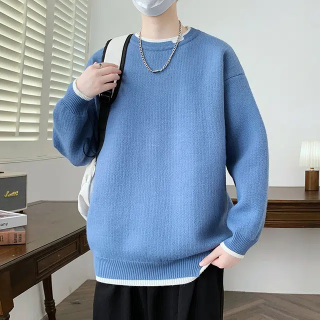 【dme】 潮牌宽松休闲纯色针织打底衫假两件圆领毛衣 男款