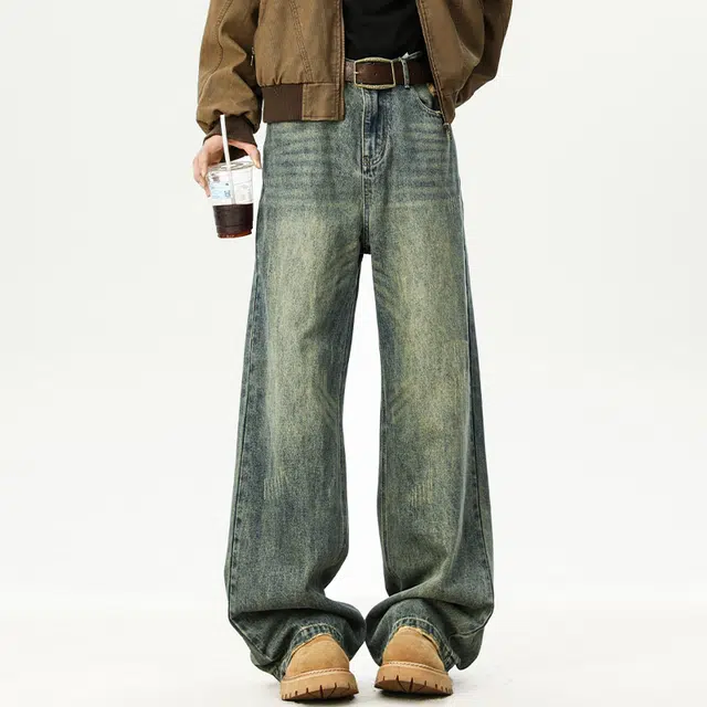 【dme】 美式高街水洗做旧猫爪痕复古宽松休闲通勤百搭垂坠感舒适直筒牛仔裤 男女同款
