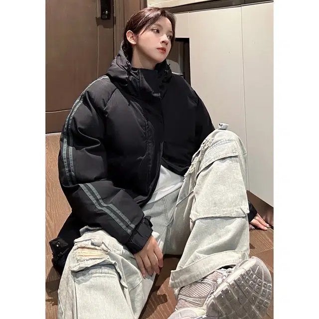 【dme】 拼接撞色假两件加厚保暖连帽羽绒服 男女同款