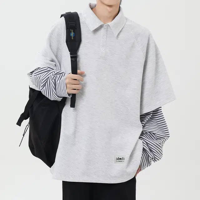 【dme】 日系简约翻领外穿拼接宽松休闲长袖上衣日常通勤舒适百搭假两件卫衣 男女同款