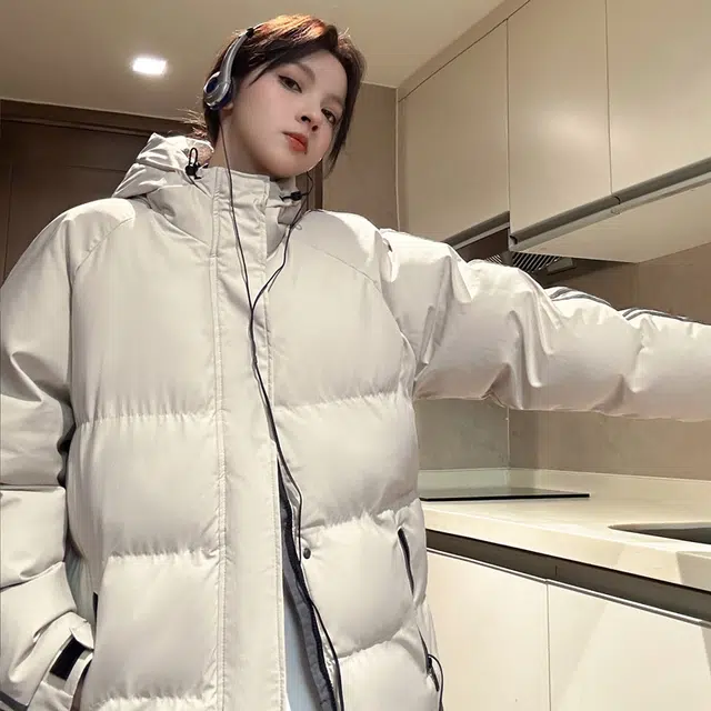 【dme】 拼接撞色假两件加厚保暖连帽羽绒服 男女同款