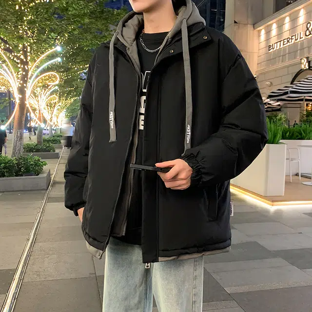 【dme】 港风假两件拼接加绒加厚宽松百搭连帽棉服 男女同款