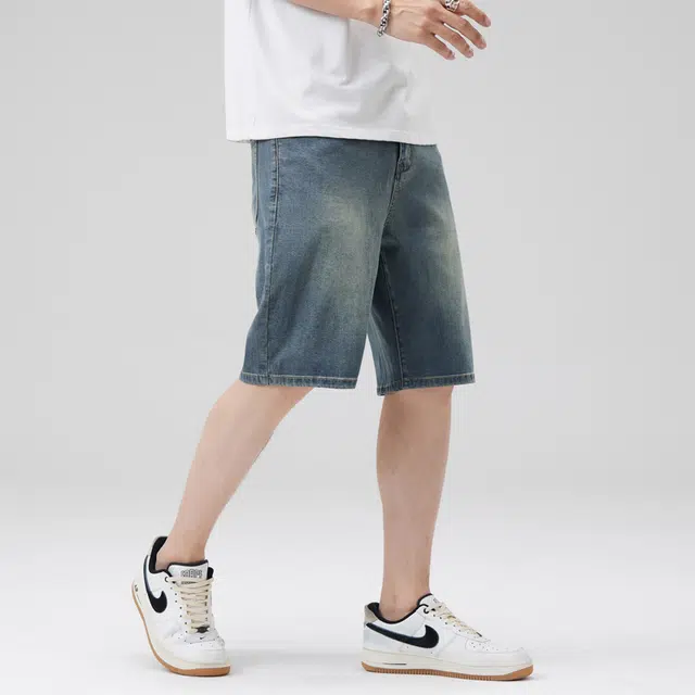 寻星记 男士夏季美式简约纯色百搭宽松五分水洗休闲裤牛仔短裤 男女同款
