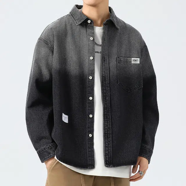【dme】 时尚潮牌宽松小众设计感衬衣外套舒适百搭重工艺水洗渐变牛仔衬衫 男女同款 黑色