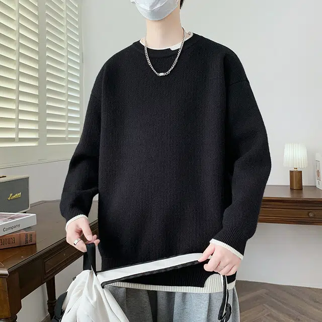【dme】 潮牌宽松休闲纯色针织打底衫假两件圆领毛衣 男款