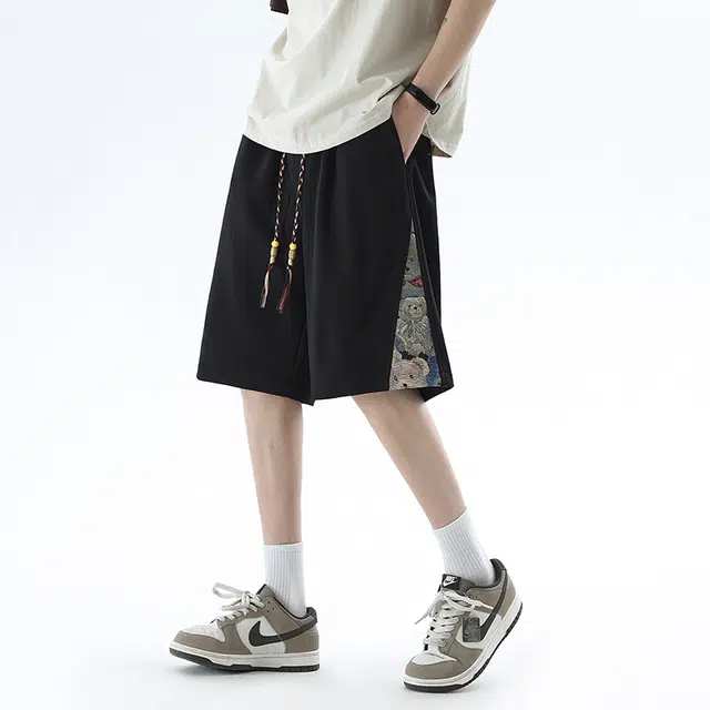 【dme】 新中式小熊绣花五分大码沙滩裤宽松纯色系带直筒运动休闲短裤 男女同款