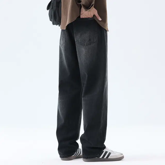 【dme】 美式高街风水洗宽松休闲阔腿长裤复古痞帅做旧遮肉显瘦直筒牛仔裤 男女同款 黑色