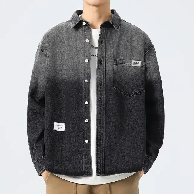 【dme】 时尚潮牌宽松小众设计感衬衣外套舒适百搭重工艺水洗渐变牛仔衬衫 男女同款 黑色