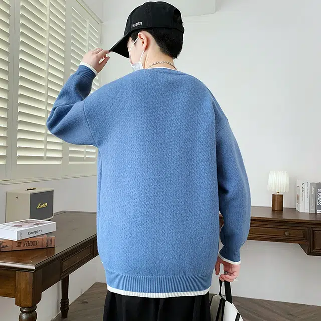 【dme】 潮牌宽松休闲纯色针织打底衫假两件圆领毛衣 男款