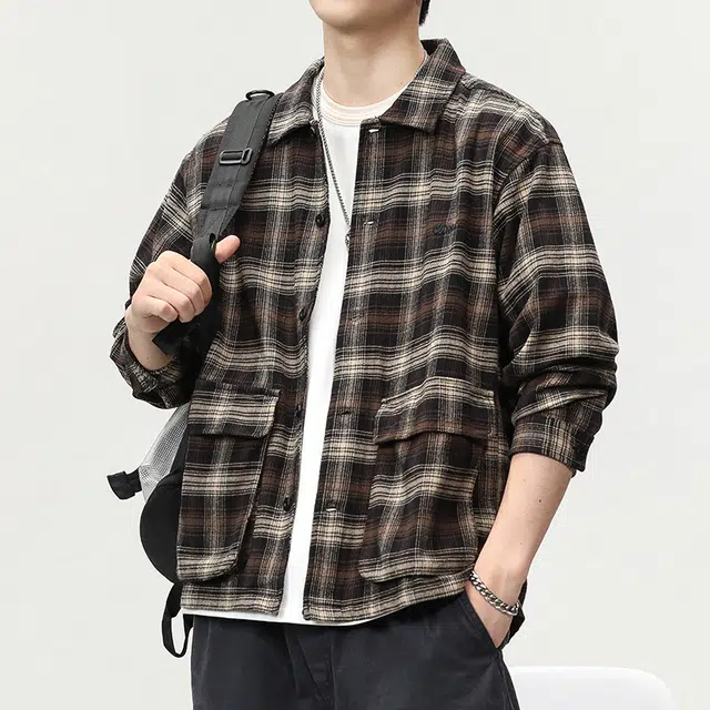 【dme】 美式复古纯棉休闲宽松百搭格子长袖衬衫 男款