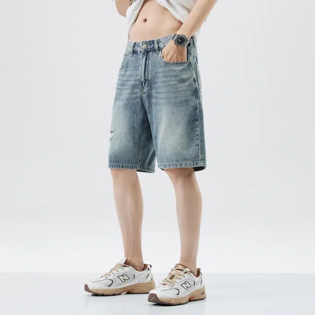 寻星记 男士夏季美式简约纯色百搭宽松五分水洗休闲裤牛仔短裤 男女同款