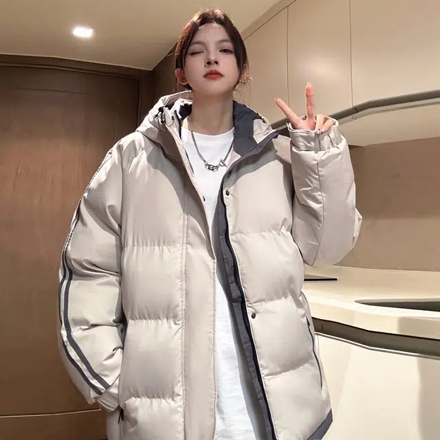 【dme】 拼接撞色假两件加厚保暖连帽羽绒服 男女同款