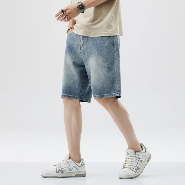 寻星记 男士夏季美式简约纯色百搭宽松五分水洗休闲裤牛仔短裤 男女同款