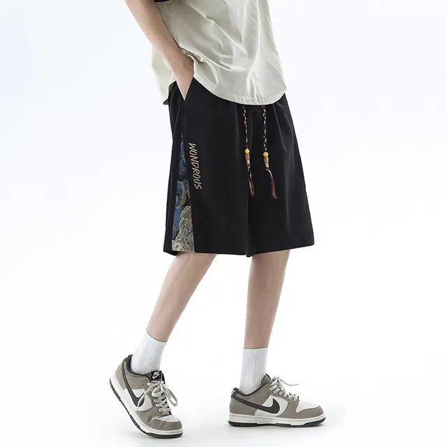 【dme】 新中式小熊绣花五分大码沙滩裤宽松纯色系带直筒运动休闲短裤 男女同款