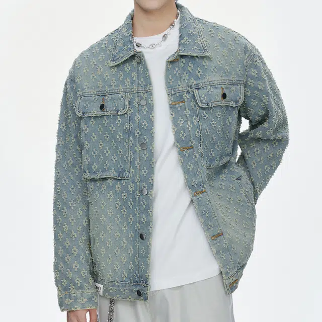 【dme】 时尚潮流立体印花设计感宽松百搭水洗做旧百搭长袖牛仔外套 男女同款