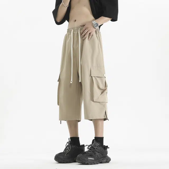 【dme】 美式潮牌户外机能大口袋冰丝凉感宽松阔腿直筒过膝七分工装休闲短裤 男女同款